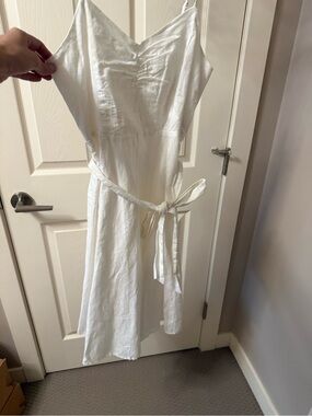 GAP White Midi Satin-Feel Slip Dress with Waist Tie